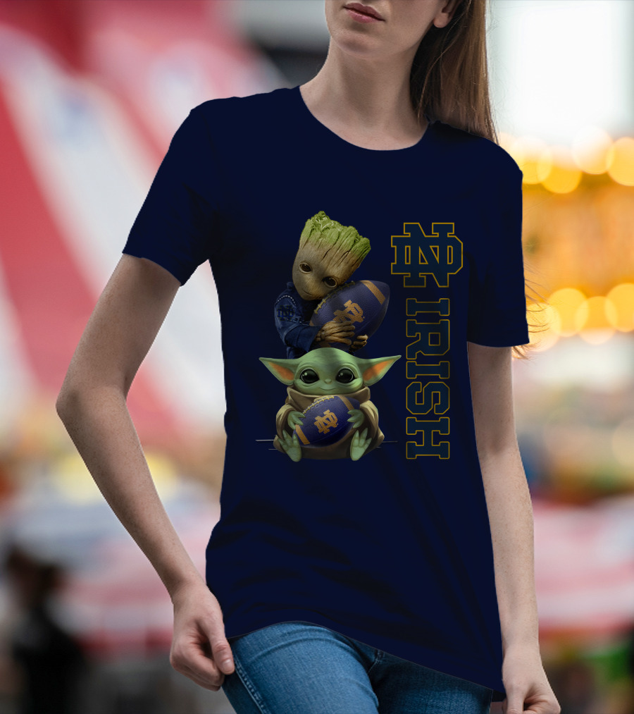 Notre Dame Irish Baby Groot And Baby Yoda Football T-Shirt