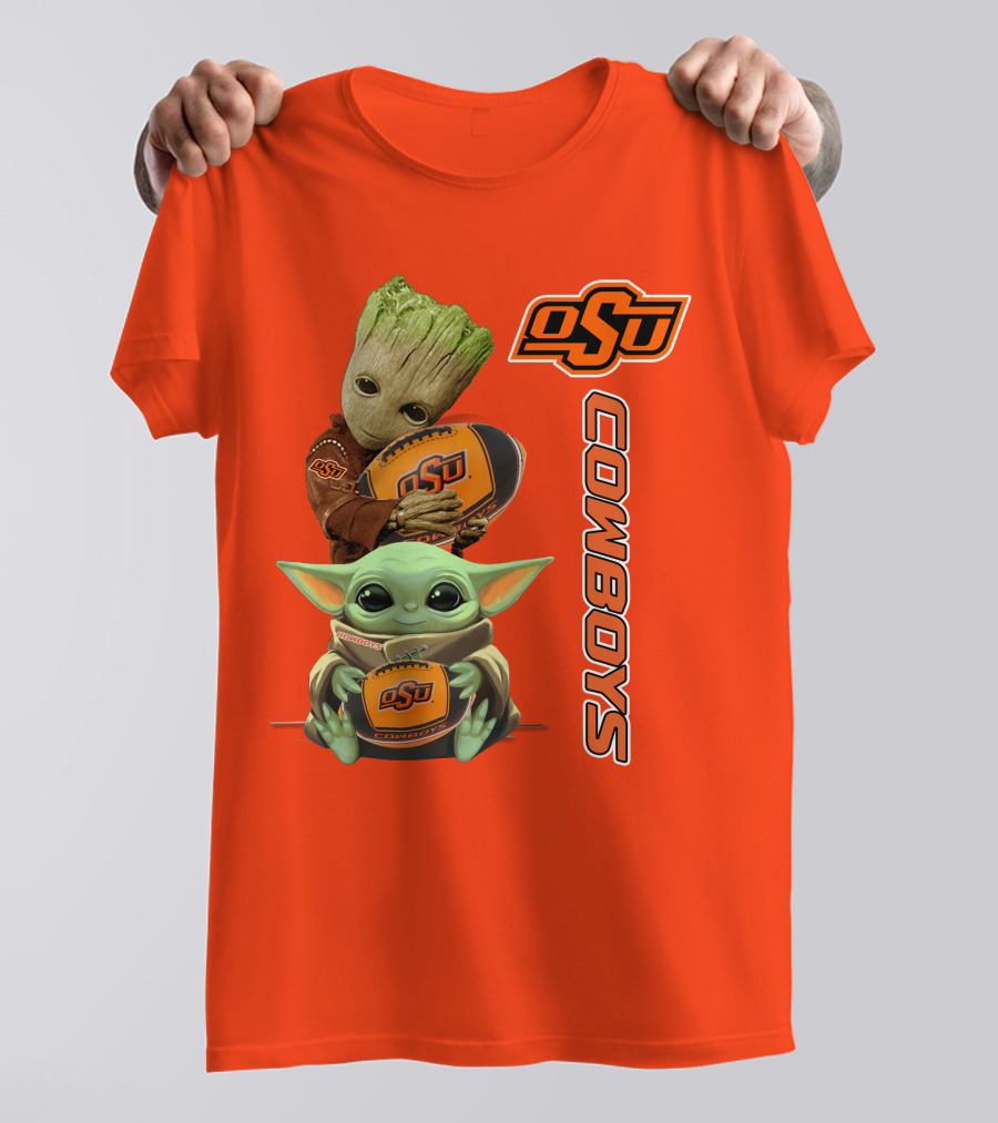 Osu Cowboys Groot And Baby Yoda Hugging Football T-Shirt