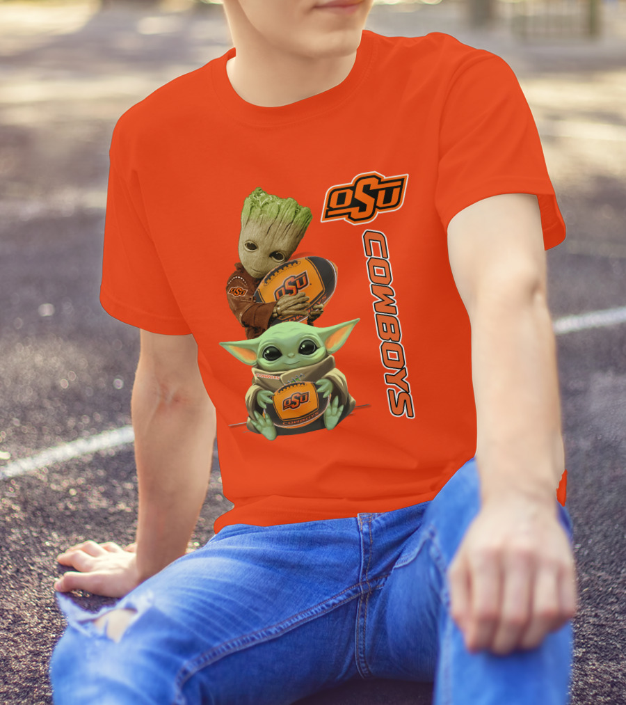 Osu Cowboys Groot And Baby Yoda Hugging Football T-Shirt