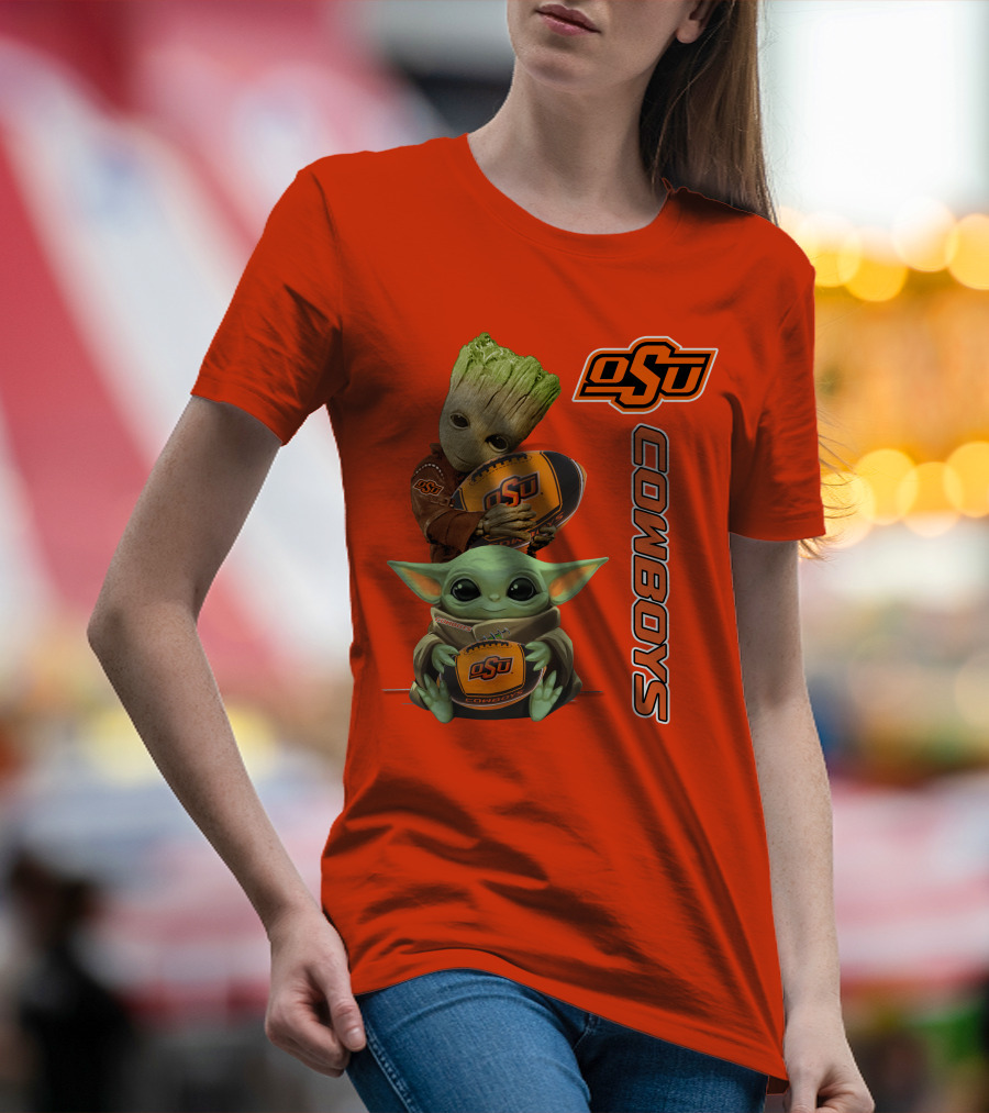 Osu Cowboys Groot And Baby Yoda Hugging Football T-Shirt