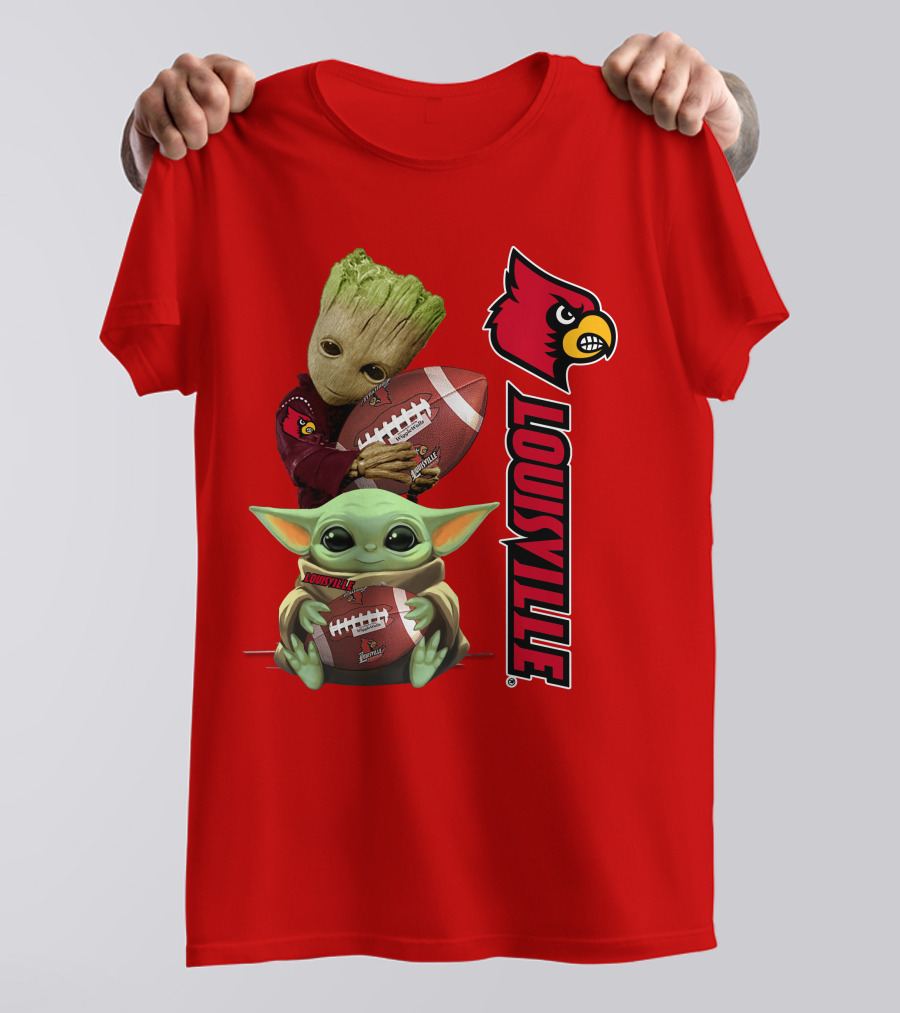 Groot Baby Yoda Holding Football Louisville Cardinals T-Shirt