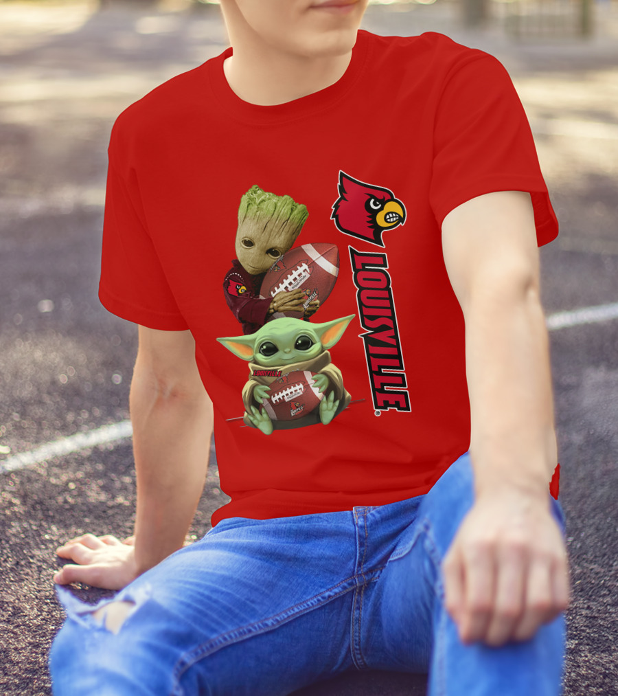 Groot Baby Yoda Holding Football Louisville Cardinals T-Shirt