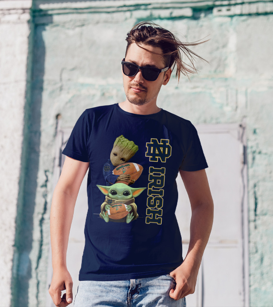 Notre Dame Irish Groot And Baby Yoda Holding Wilson Football T-Shirt
