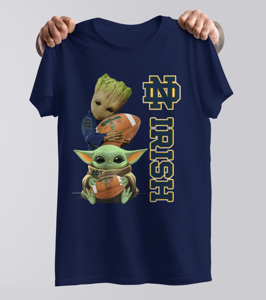 Notre Dame Irish Groot And Baby Yoda Holding Wilson Football T-Shirt