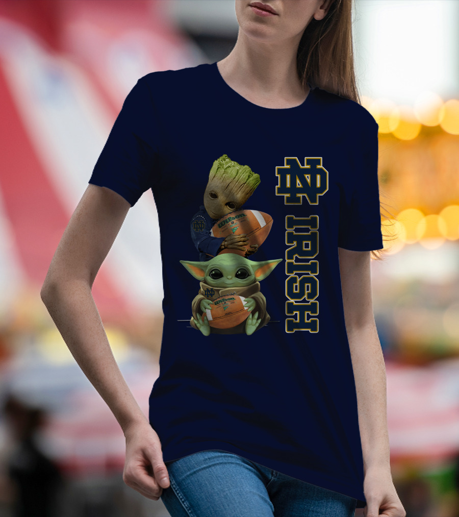 Notre Dame Irish Groot And Baby Yoda Holding Wilson Football T-Shirt