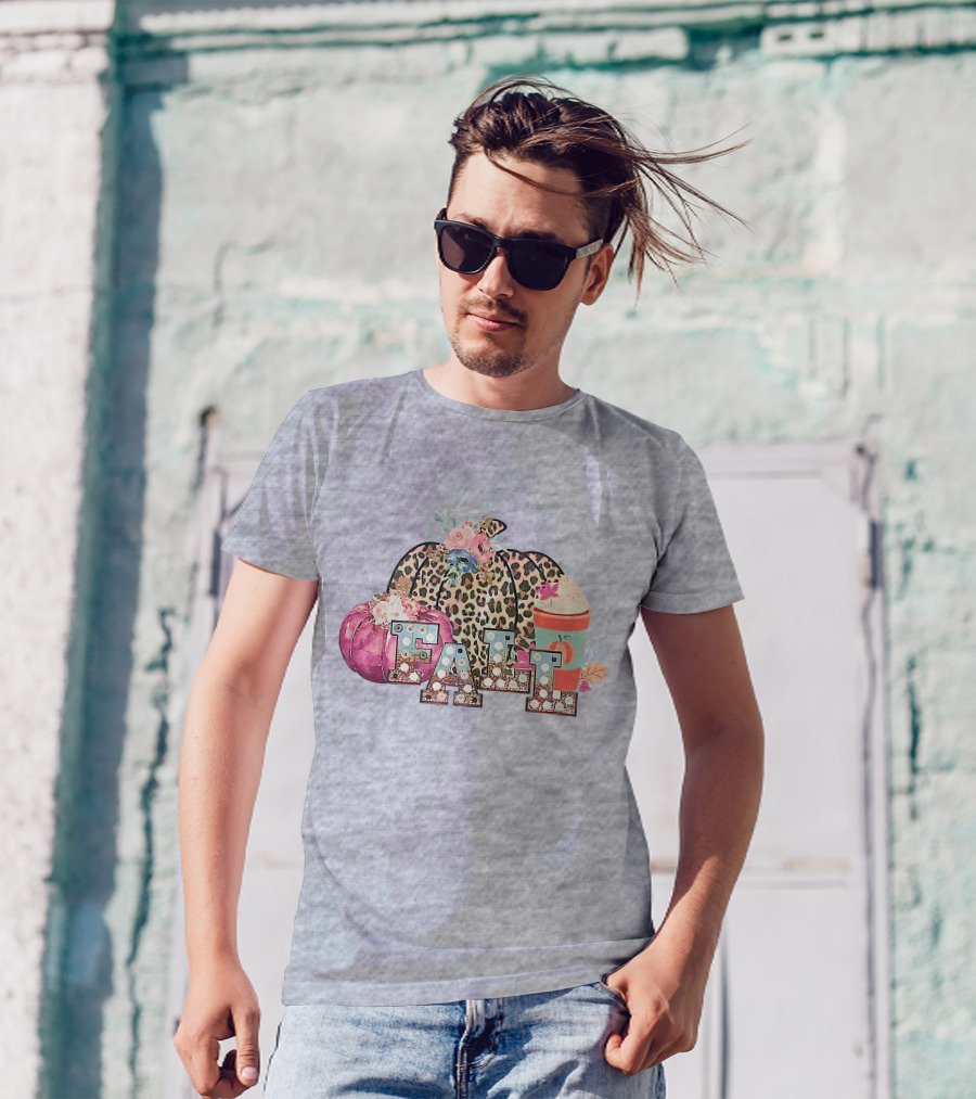 FALL Leopard Print Pumpkin With Coffee Latte And Flowers T-Shirt