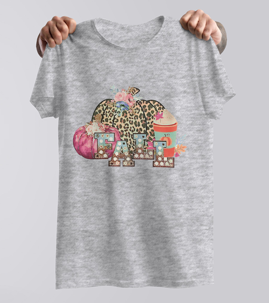 FALL Leopard Print Pumpkin With Coffee Latte And Flowers T-Shirt