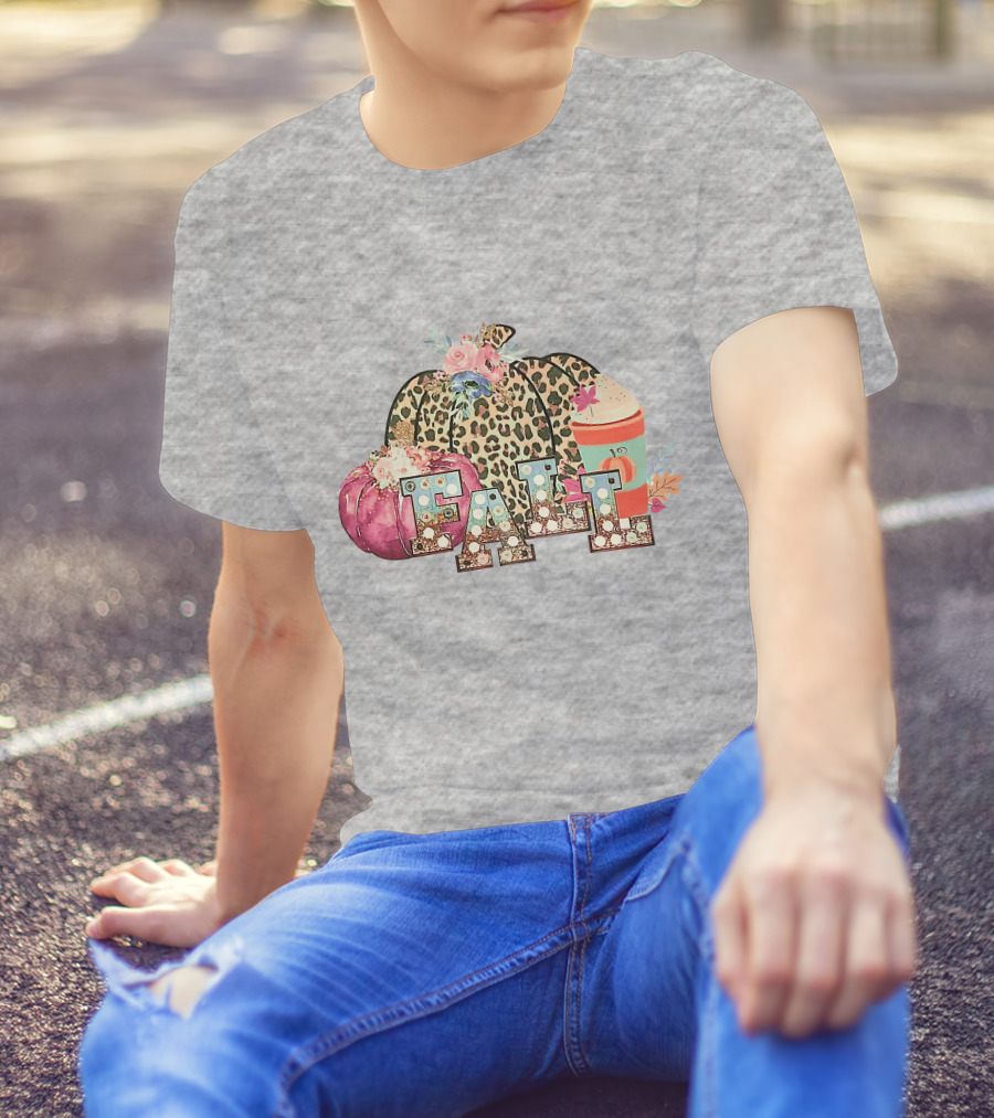 FALL Leopard Print Pumpkin With Coffee Latte And Flowers T-Shirt