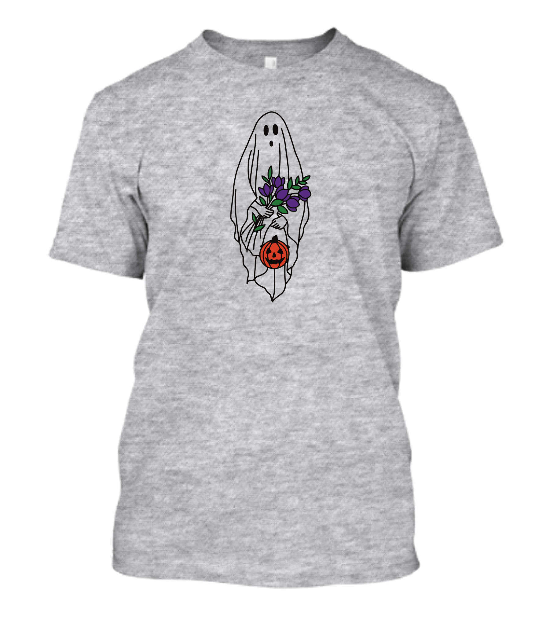 Spooky Ghost With Pumpkin And Purple Flowers Retro Halloween T-Shirt