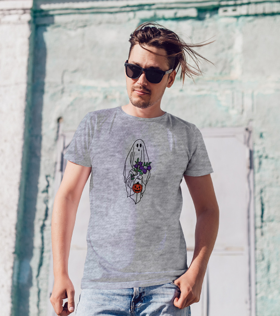 Spooky Ghost With Pumpkin And Purple Flowers Retro Halloween T-Shirt