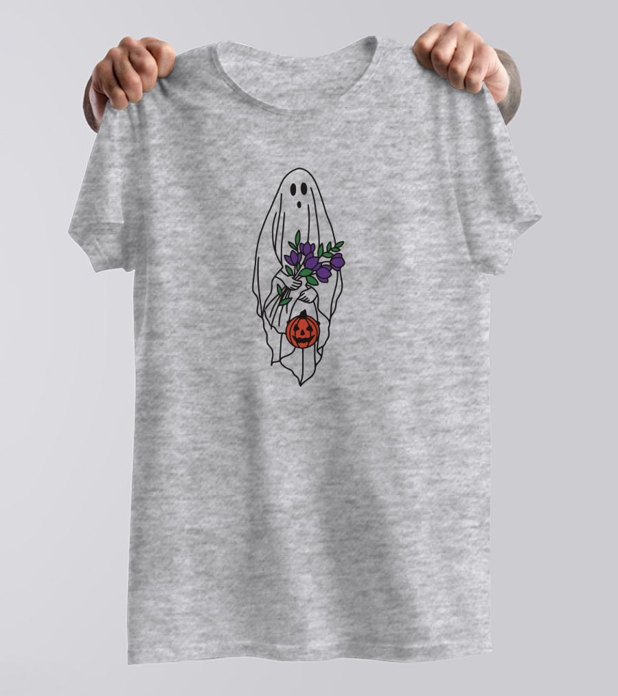 Spooky Ghost With Pumpkin And Purple Flowers Retro Halloween T-Shirt