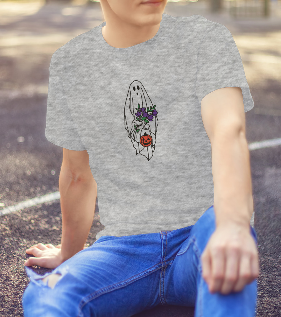 Spooky Ghost With Pumpkin And Purple Flowers Retro Halloween T-Shirt