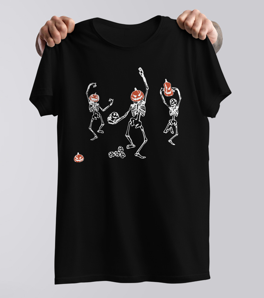 Dancing Pumpkin-Headed Skeletons Halloween Horror T-Shirt