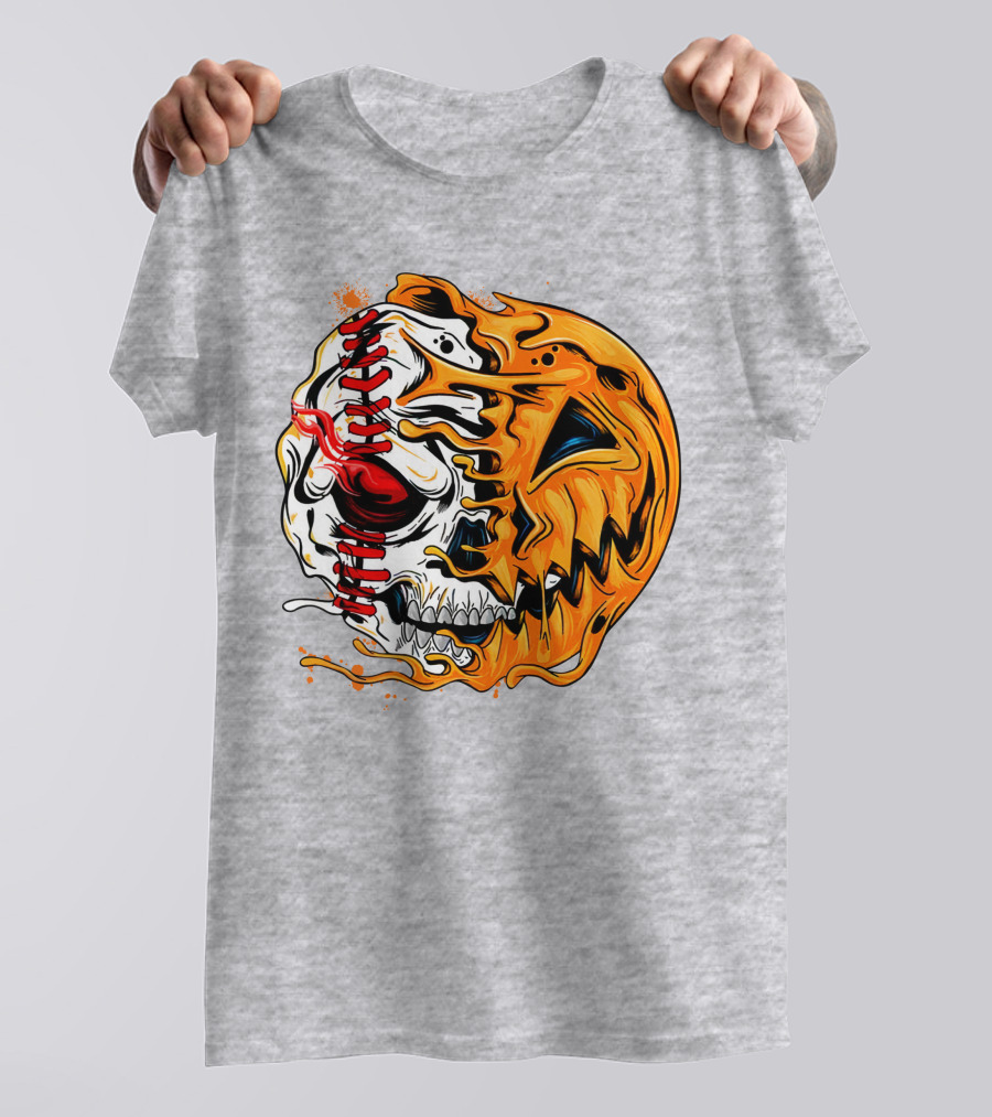 Baseball Pumpkin Skull Halloween Fusion T-Shirt