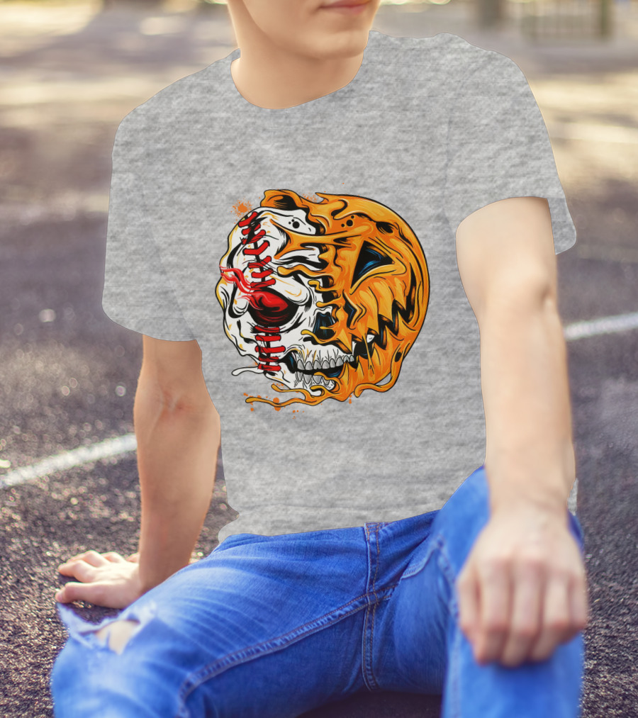 Baseball Pumpkin Skull Halloween Fusion T-Shirt