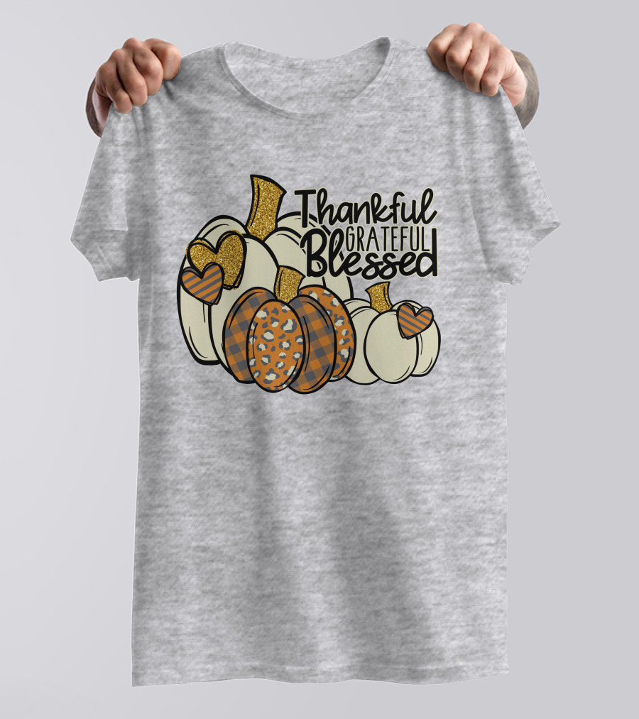 Thankful Grateful Blessed Leopard Pumpkin Thanksgiving T-Shirt