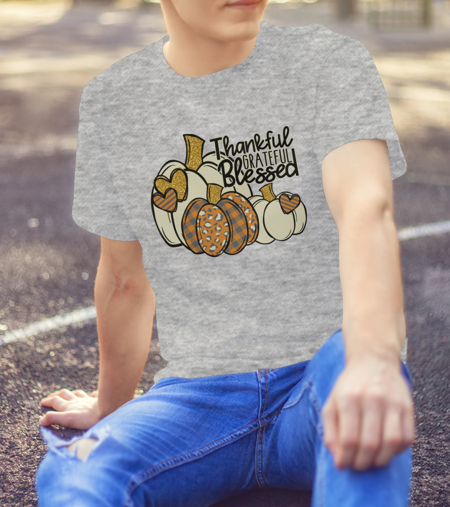 Thankful Grateful Blessed Leopard Pumpkin Thanksgiving T-Shirt