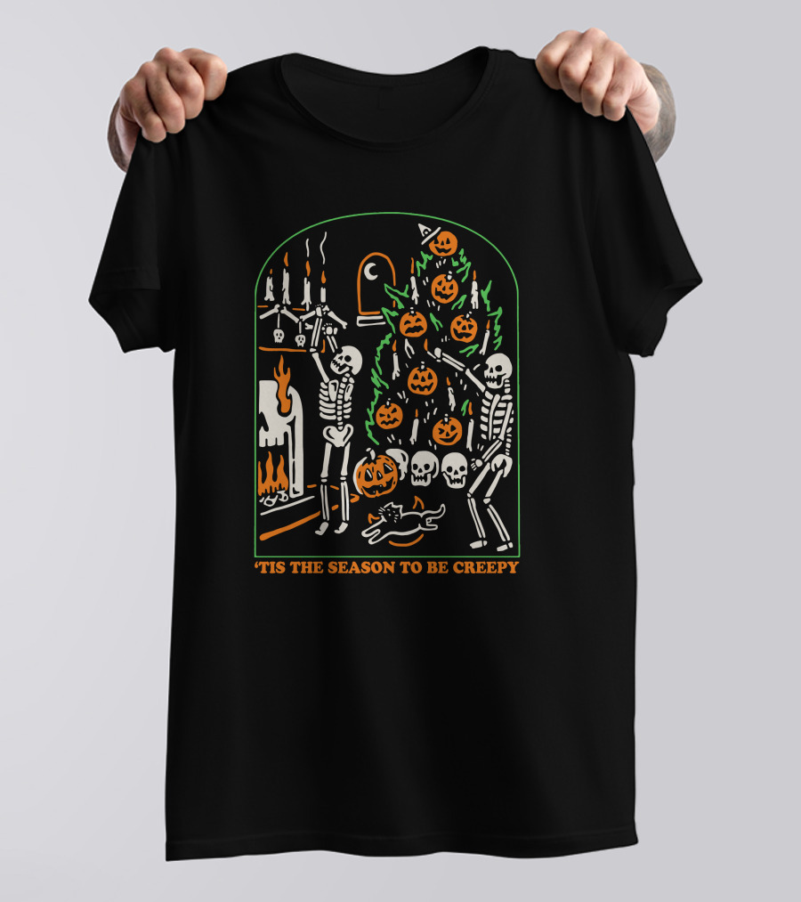 'Tis The Season To Be Creepy Skeletons By The Halloween Fireplace With Skull And Pumpkin Tree T-Shirt