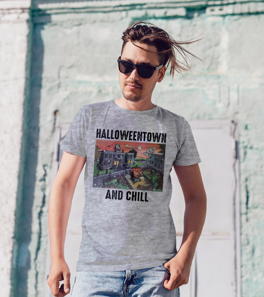 Halloweentown And Chill Spooky Town Scene With Lit Pumpkin Statue T-Shirt