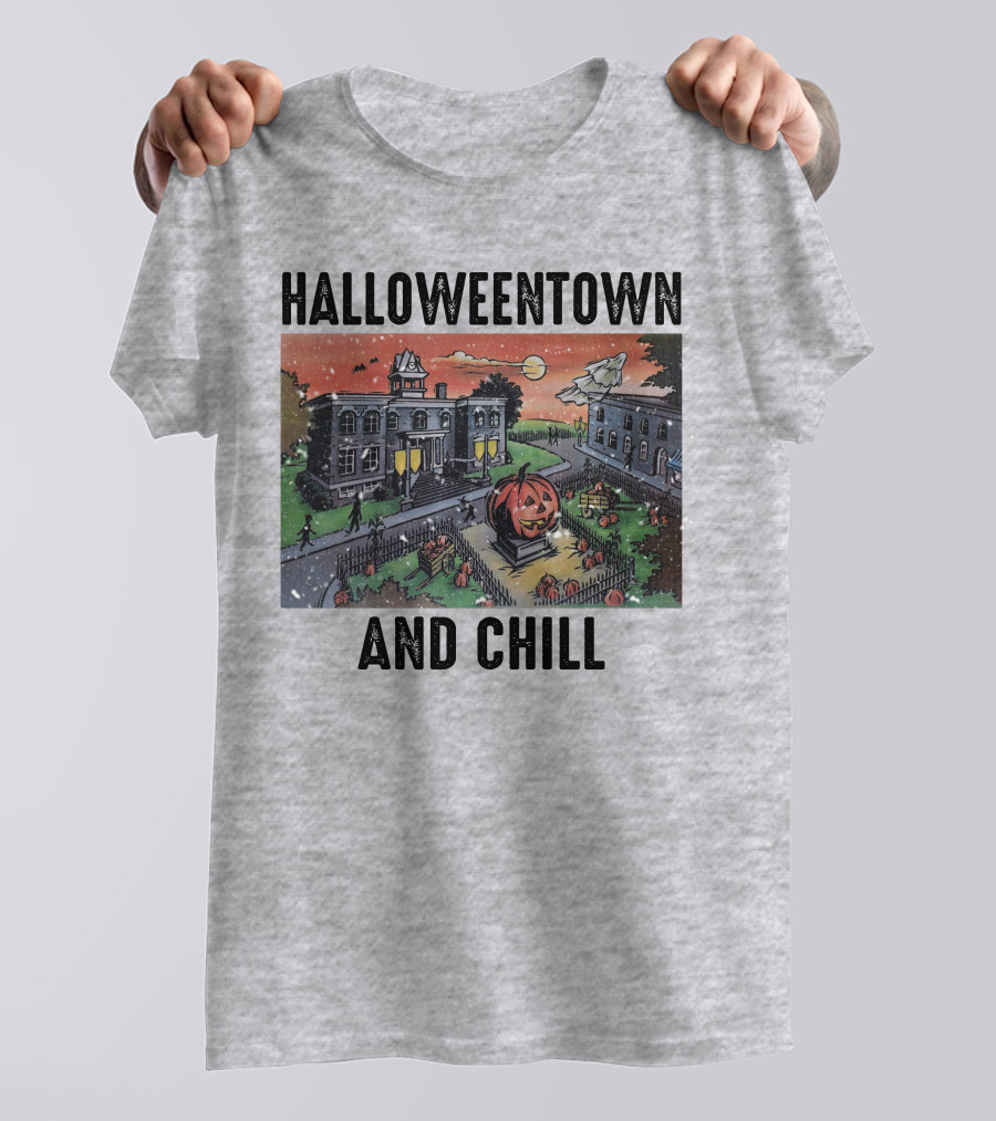 Halloweentown And Chill Spooky Town Scene With Lit Pumpkin Statue T-Shirt