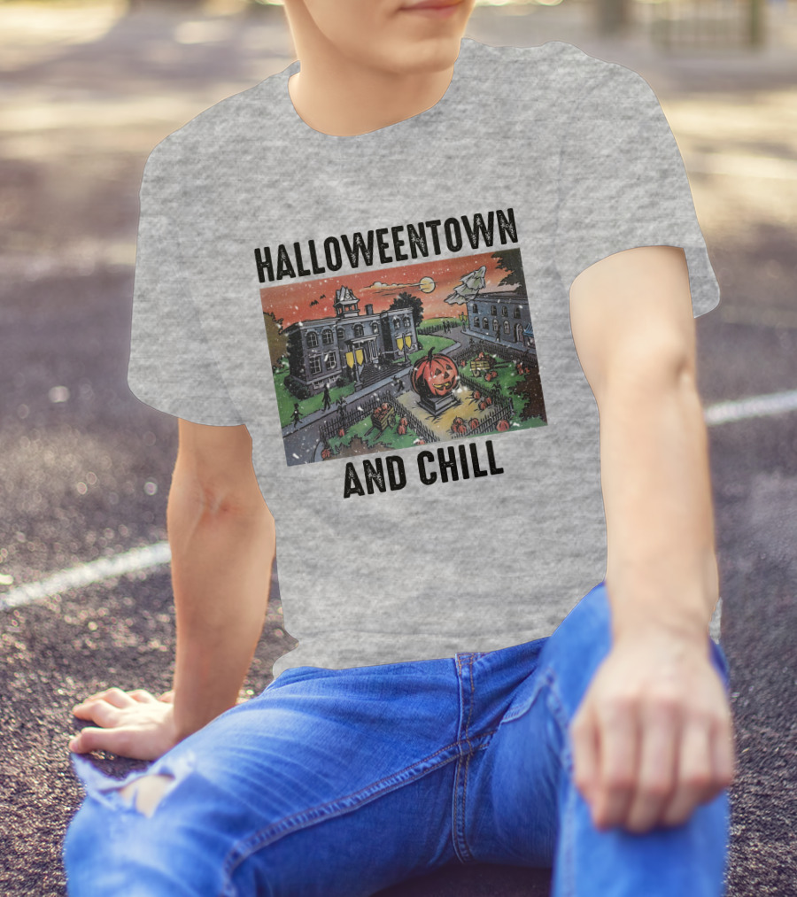 Halloweentown And Chill Spooky Town Scene With Lit Pumpkin Statue T-Shirt