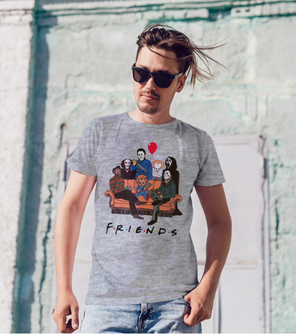 Famous Horror Movie Killers Characters Friends Sitting On Couch With Red Balloon T-Shirt
