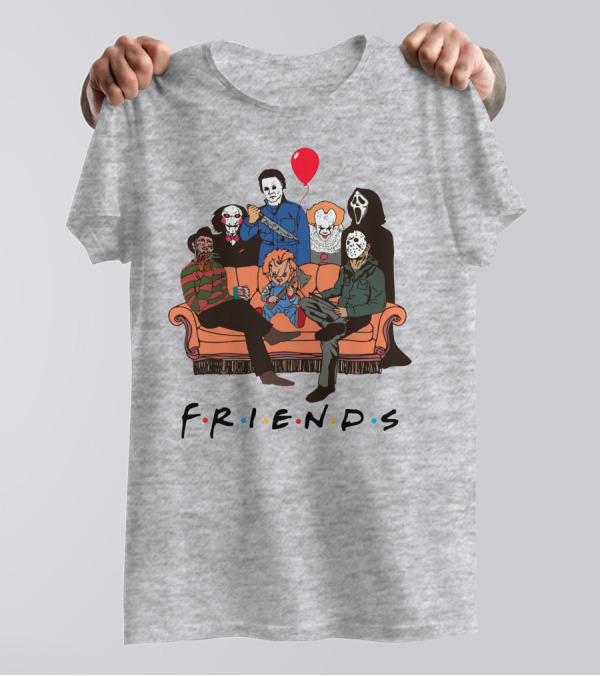 Famous Horror Movie Killers Characters Friends Sitting On Couch With Red Balloon T-Shirt