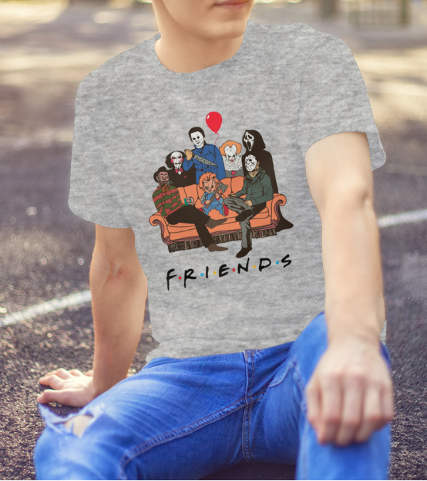 Famous Horror Movie Killers Characters Friends Sitting On Couch With Red Balloon T-Shirt