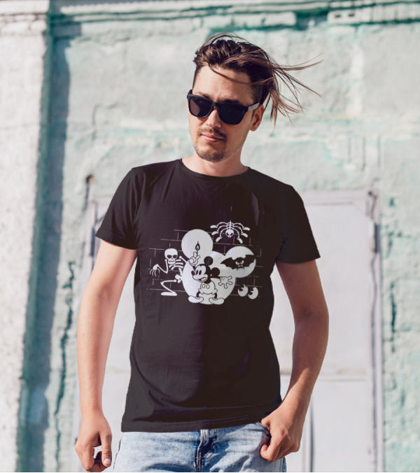 Mickey Mouse Haunted Halloween Mansion With Skeleton And Bat T-Shirt
