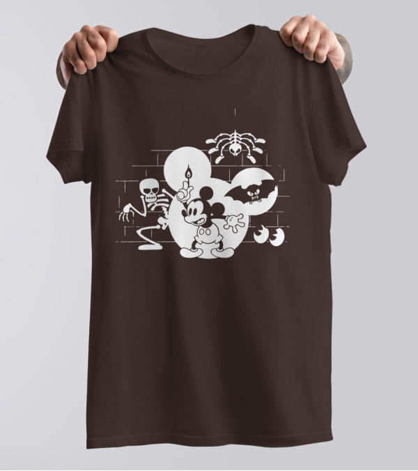 Mickey Mouse Haunted Halloween Mansion With Skeleton And Bat T-Shirt