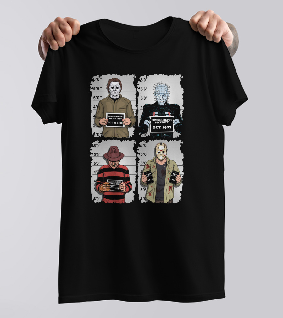 Horror Movie Characters Mugshot Haddonfield Lumber Depot Freddy Elm Street Lake Crystal T-Shirt