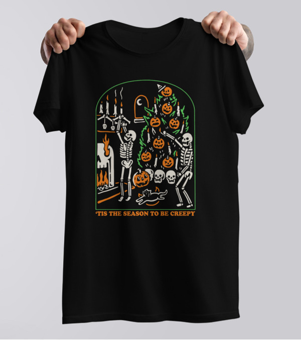 'Tis The Season To Be Creepy Skeletons Dancing By Halloween Tree T-Shirt