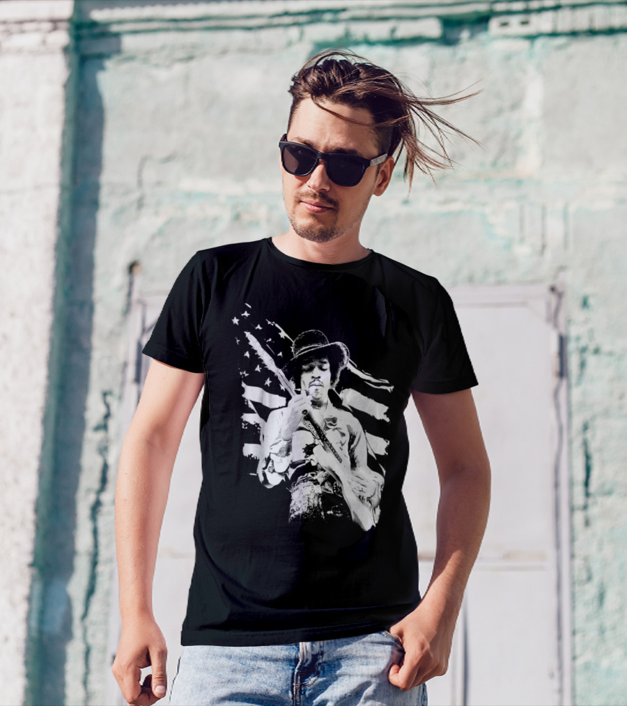 Jimi Hendrix Americana With Stars And Stripes Flag T-Shirt