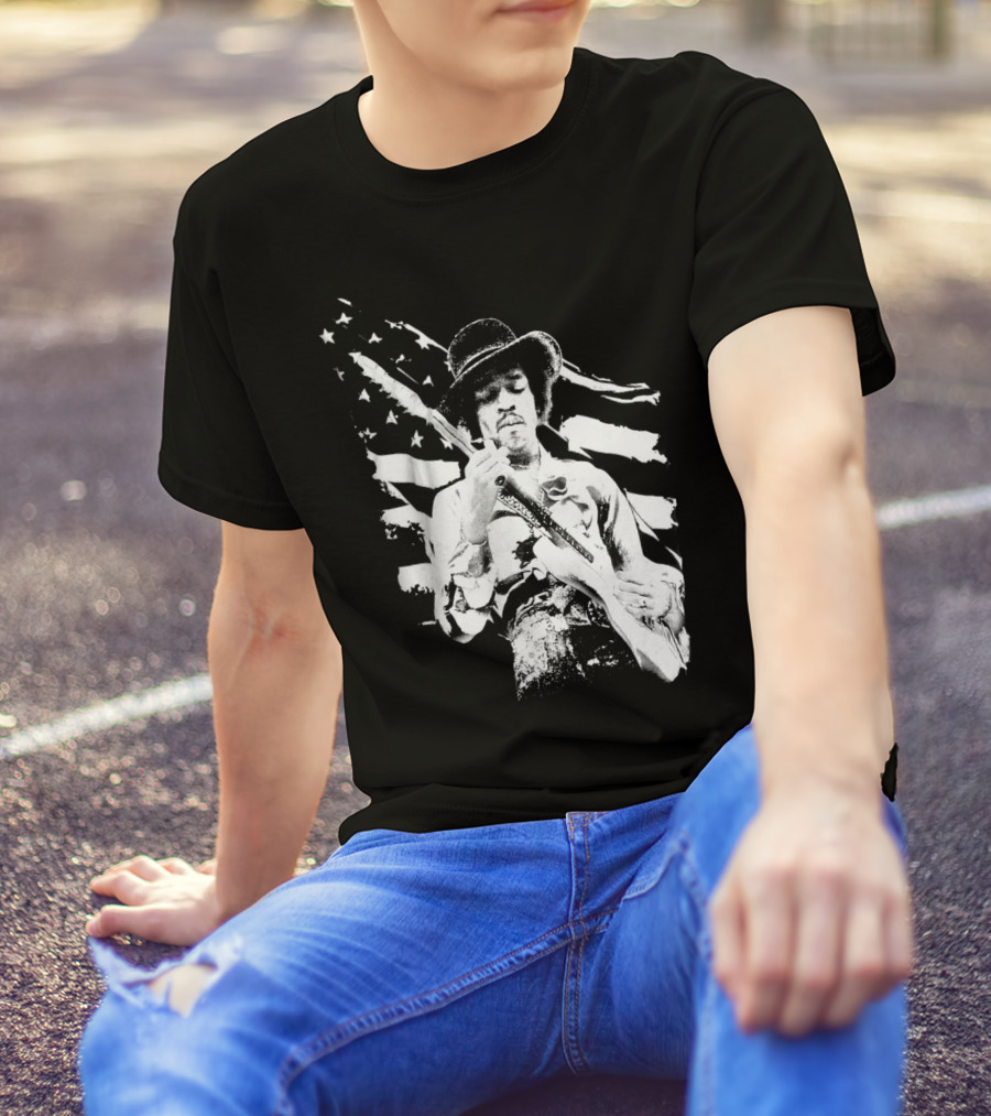 Jimi Hendrix Americana With Stars And Stripes Flag T-Shirt