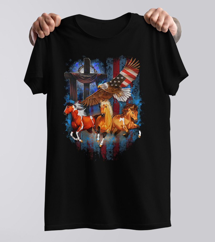 GOD Horse American Flag Eagle Cross T-Shirt