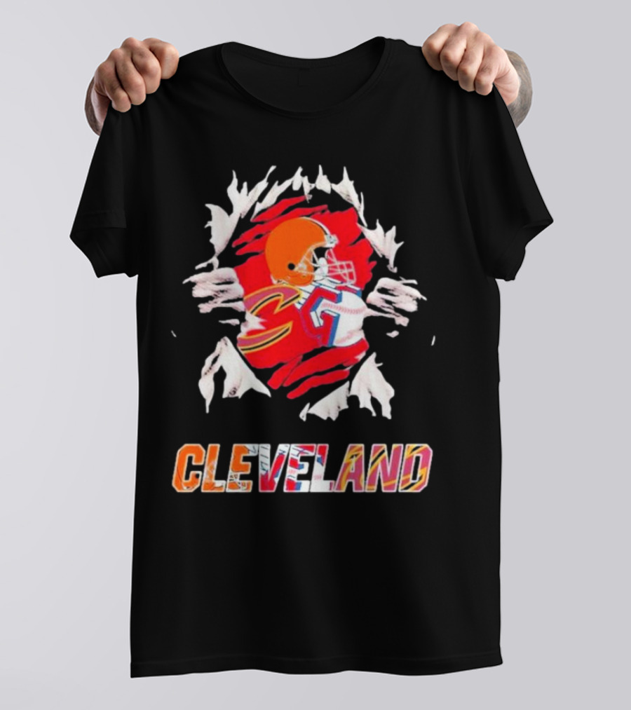 Cleveland Football Helmet And Jersey Inside Torn T-Shirt