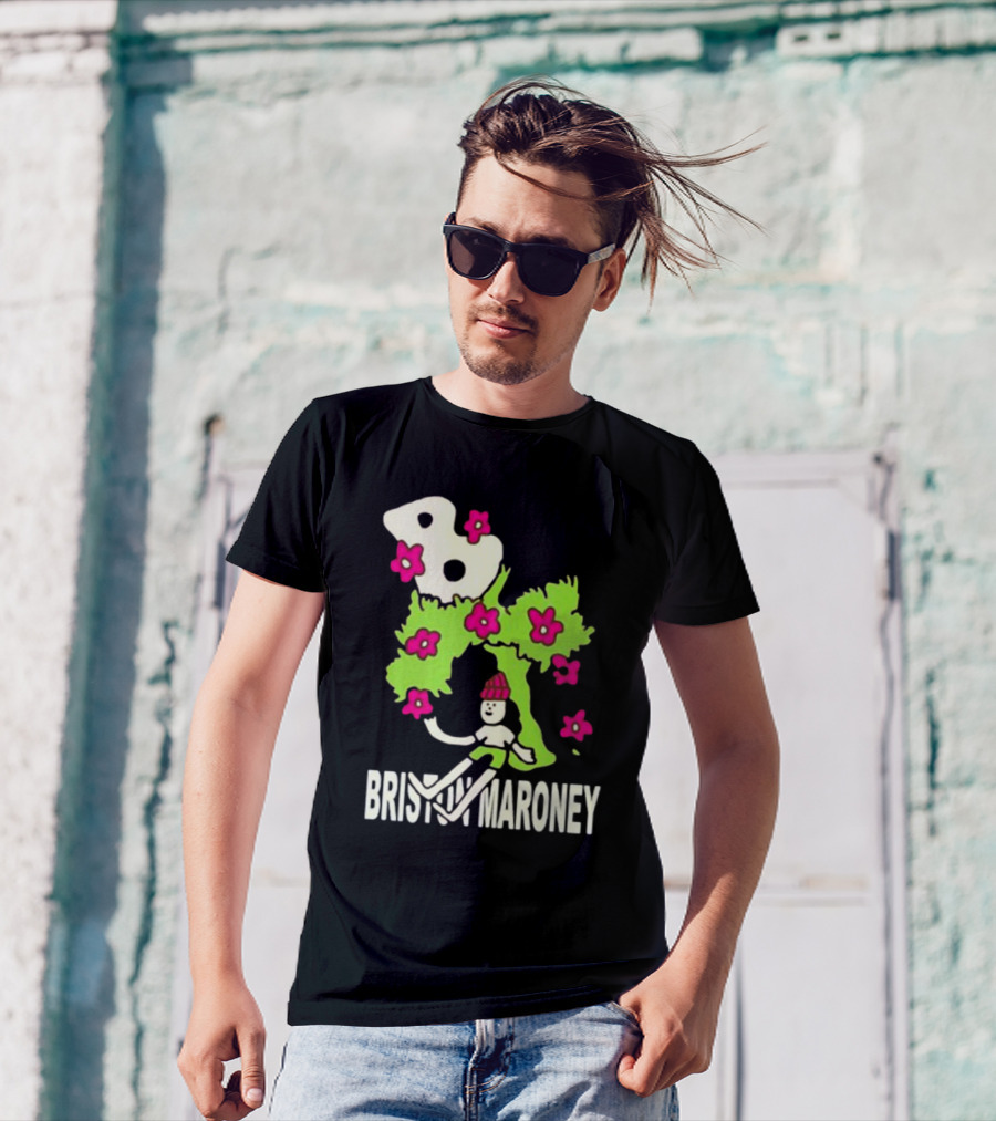 Briston Maroney Cartoon Character With Green Planet And Pink Flowers T-Shirt