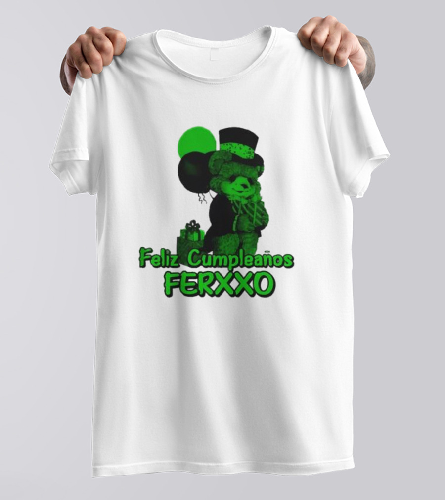 Feliz Cumpleaños Ferxxo Teddy Bear Green Balloons Black Top Hat T-Shirt