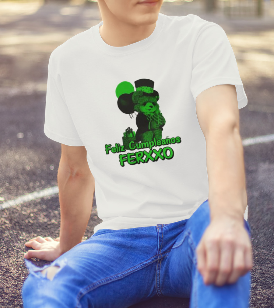 Feliz Cumpleaños Ferxxo Teddy Bear Green Balloons Black Top Hat T-Shirt