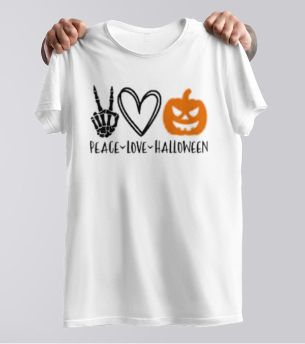 Peace Love Halloween Skeleton Hand Heart Pumpkin T-Shirt