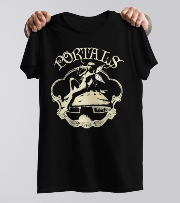 Portals Fairy Sitting On Mushroom With Wings And Scrollwork Elements T-Shirt