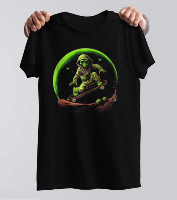 Skateboarding Alien On Saturn's Ring In Outer Space Adventure T-Shirt
