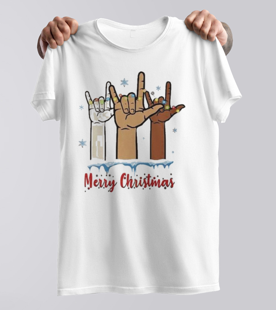 Merry Christmas Hand Sign Language Celebration With Lights And Snowflakes T-Shirt