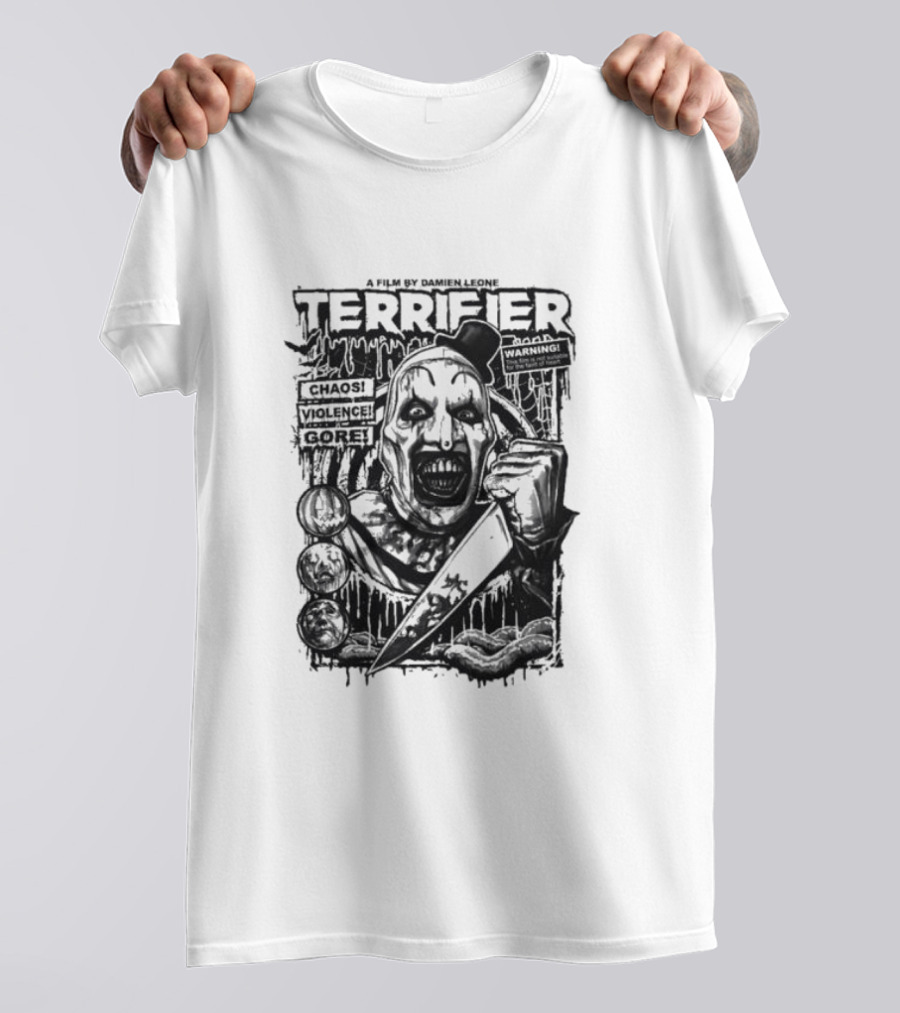 Terrifier Film Cover A Film By Damien Leone Clown Chaos Violence Gore Warning T-Shirt