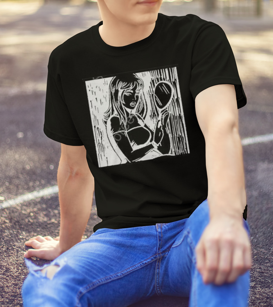 Billie Eilish Store Mirror Art Black And White Line Drawing Woman With Handheld Mirror T-Shirt
