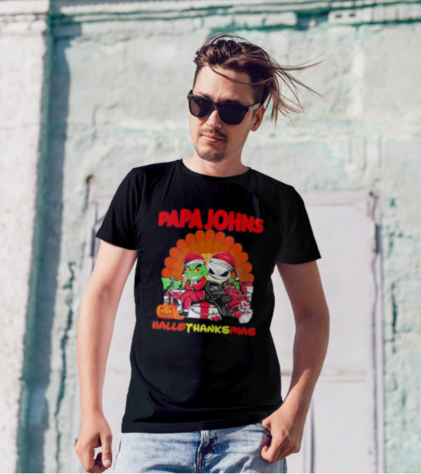 Papa Johns Baby Grinch Baby Jack Skellington HalloThanksMas T-Shirt