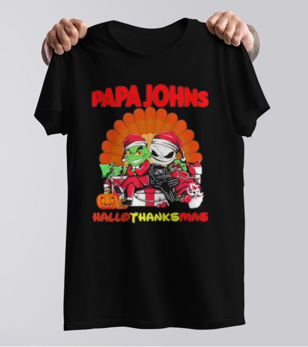 Papa Johns Baby Grinch Baby Jack Skellington HalloThanksMas T-Shirt
