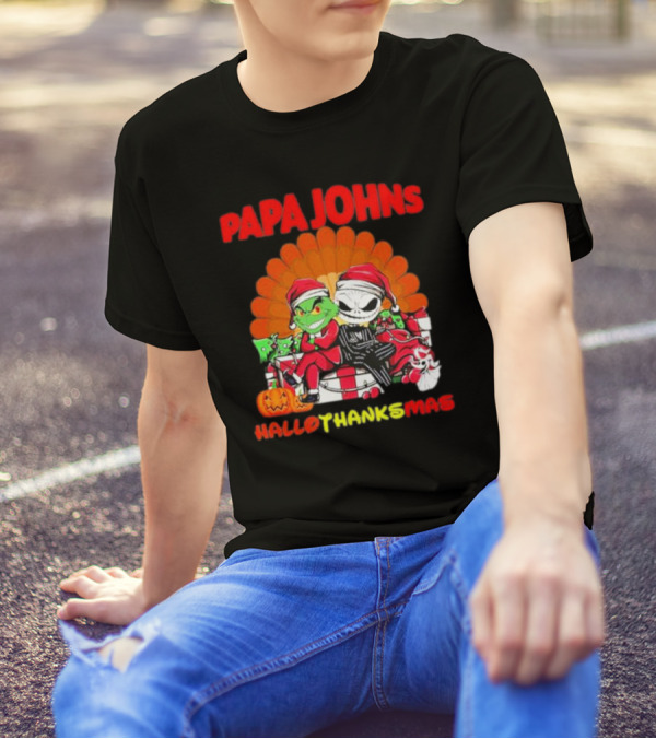 Papa Johns Baby Grinch Baby Jack Skellington HalloThanksMas T-Shirt