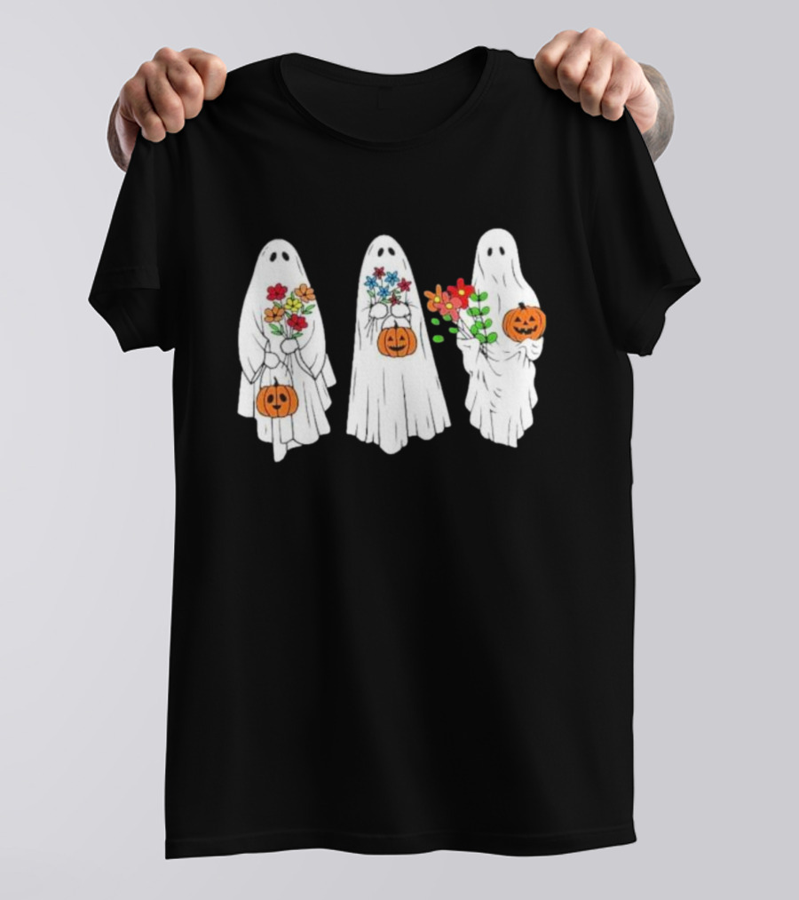 Floral Ghost Pumpkin Halloween Trio With Colorful Bouquet T-Shirt