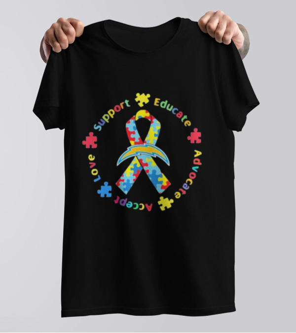 Los Angeles Chargers Autism Puzzle Ribbon Support Educate Advocate Accept Love T-Shirt